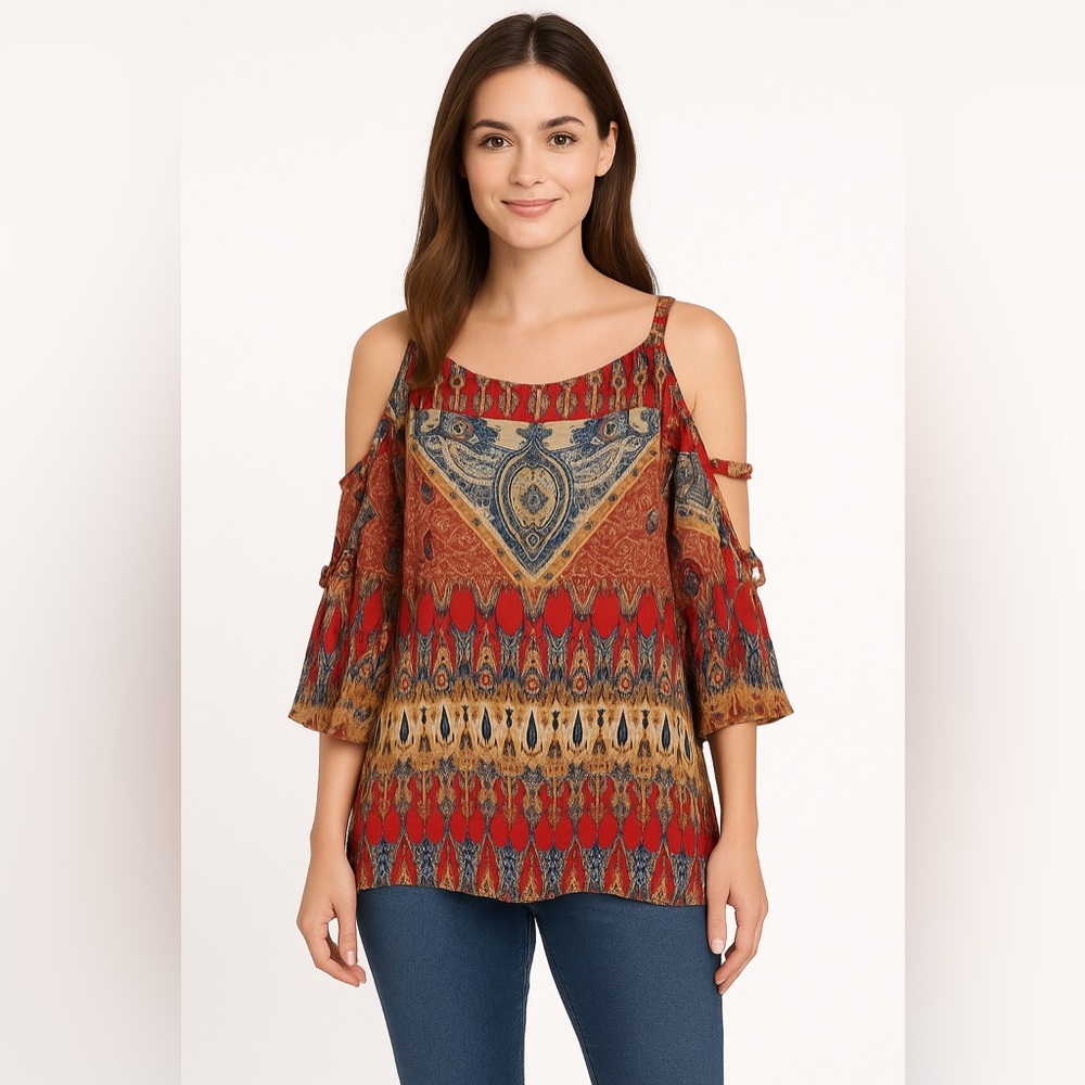 FIGUEROA & FLOWER Anthropologie Cold Shoulder Straps Top Patterned MEDIUM